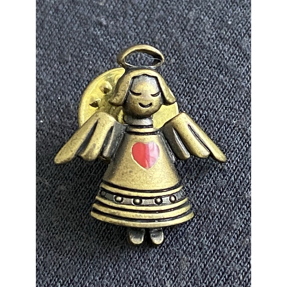 Vtg JJ Jonette Jewelry Love Angel w Red Heart Pin Brass Signed Mini Girl Angel